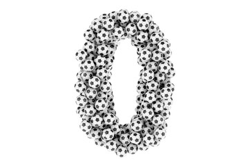 Number 0 from soccer balls or football balls, 3D rendering