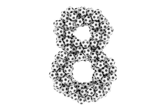 Number 8 from soccer balls or football balls, 3D rendering