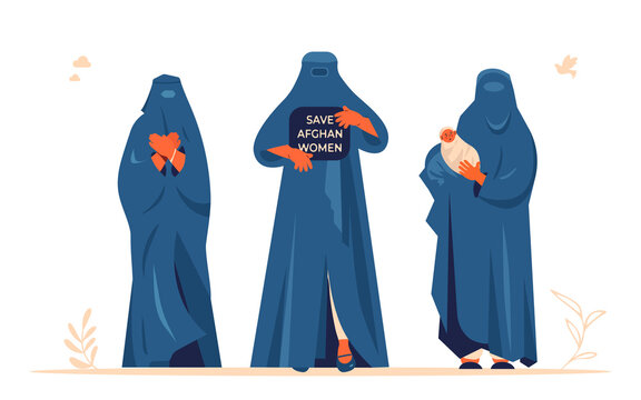 Save Afghanistan. Afghan women wearing burqa or chadaree and paranja. Support people during the war against Taliban. Vector illustration to protect woman from islamist religious-political movement. 