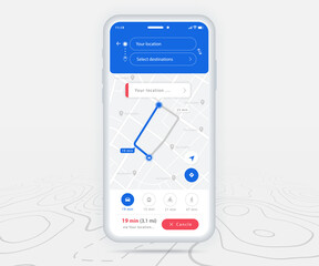 Map GPS navigation ux ui concept, Smartphone map application and destination pinpoint on screen, App search map navigate, Technology map, City navigation maps, City street, tracking, location, Vector