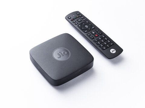 Assam, india - April 28, 2020 : Jio fibre/tv set top box 4k. 