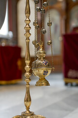Hanging icon lamp in orthodox church. Orthodox icon lamp. Church attribute. Lamp stand Church