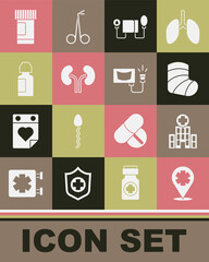 Set Location with cross hospital, Medical building, Gypsum, Blood pressure, Human kidneys, Eye drop bottle, Medicine and pills and Ultrasound icon. Vector