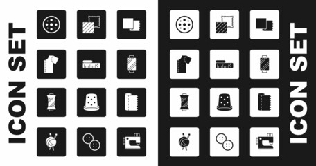 Set Textile fabric roll, Tape measure, Sewing pattern, button, thread spool, and icon. Vector