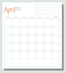 April 2022 calendar month planner with To Do List, week starts on Sunday, template, mock up calendar leaf illustration. Vector graphic page