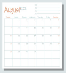 August 2022 calendar month planner with To Do List, week starts on Sunday, template, mock up calendar leaf illustration. Vector graphic page - obrazy, fototapety, plakaty