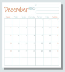 December 2022 calendar month planner with To Do List, week starts on Sunday, template, mock up calendar leaf illustration. Vector graphic page