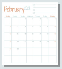 February 2022 calendar month planner with To Do List, week starts on Sunday, template, mock up calendar leaf illustration. Vector graphic page