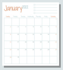 January 2022 calendar month planner with To Do List, week starts on Sunday, template, mock up calendar leaf illustration. Vector graphic page