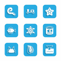 Set Turtle, Mussel, Whale tail in ocean wave, Canned fish, Crab, Fish, Starfish and Octopus of tentacle icon. Vector