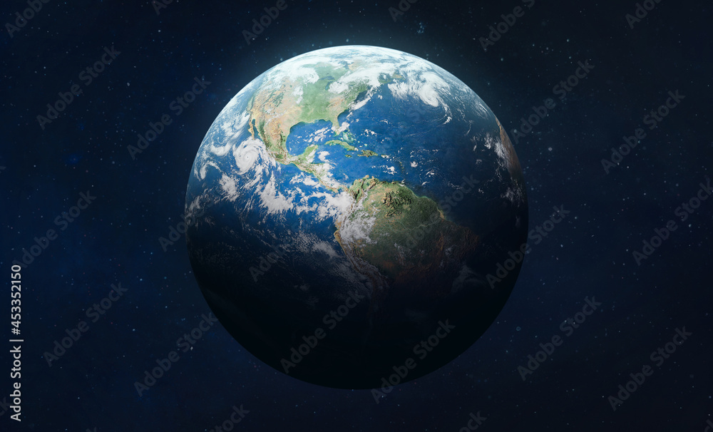 Poster Earth planet in outer deep space. Orbit and atmosphere. Blue marble. Elements of this image furnished by NASA