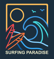 Surfing badges concept. Abstract icon with the sea, sun, waves and surfboards. Design of logo or poster for extreme sports. Minimalistic line art modern illustration isolated on black background