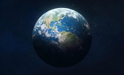 Earth planet in outer deep space. Orbit and atmosphere. Blue marble. Elements of this image furnished by NASA