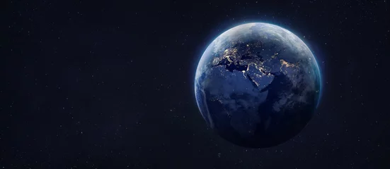 Foto op Canvas Planeet aarde & 39 s nachts. Stadslichten en blauwe bol. Breed ruimtebehang. Elementen van deze afbeelding geleverd door NASA © dimazel