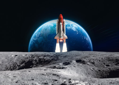 Spaceship in the outer space near Moon surface. Space shuttle in black space against Earth planet. Elements of this image furnished by NASA
