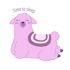 Cartoon purple alpaca. Cute llama. Postcard sleep time. Vector illustration. Llama is sleeping.