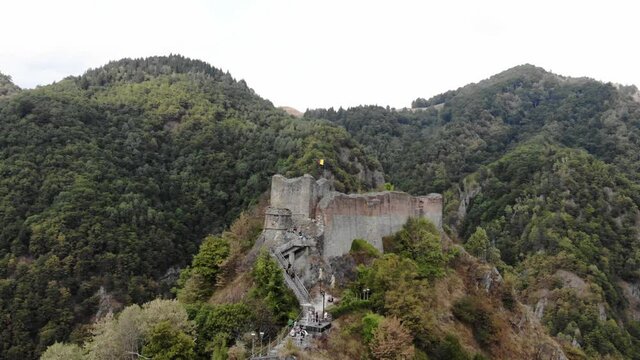 Vlad Tepes Dracula Poenari castle on top of the hill 4K drone shot