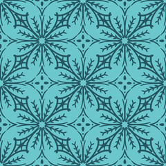 Blue azulejo winter snowflake seamless tile pattern with geometric abstract flowers background print. Vector illustration. Great for retro clothing and home decor projects. Surface pattern design.
