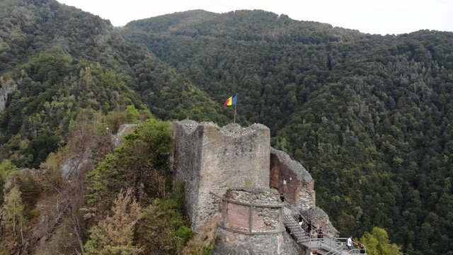 Vlad Tepes Dracula Poenari castle on top of the hill 4K drone shot