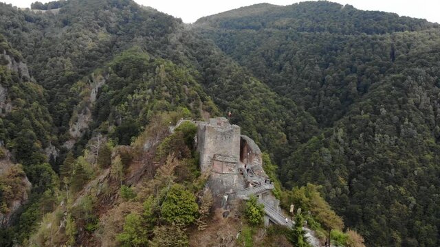 Vlad Tepes Dracula Poenari castle on top of the hill 4K drone shot