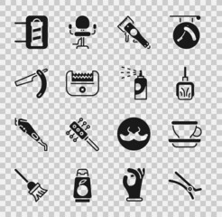 Set Hair clip, Coffee cup, Dustpan, Electrical hair clipper, Straight razor, Barber shop pole and Spray can for hairspray icon. Vector