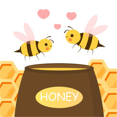 Cute couple bee. Valentines day background. Small insects surrounded by hearts fly to jar of sweet honey. Postcard for holiday. Cartoon flat vector illustration isolated on a white background