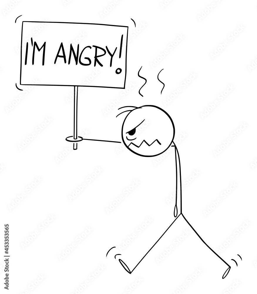 Sticker Angry Person Walking With I'm Angry Sign, Vector Cartoon Stick Figure Illustration