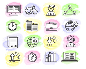 Set of watercolor icons on IT, business, finance, stock exchange topic. Simple and creative.