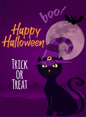 Halloween poster with magic cat with hat, moon and bat on purple night