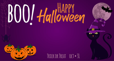 Happy halloween card on purple background with lettering and orange pumpkins, full moon, magic cat with hat and bat