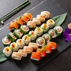 gourmet sushi on the black background