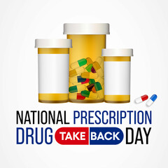 National Prescription drug take back day is observed every year in April and October, it is a safe, convenient, and responsible way to dispose of unused or expired prescription drugs. Vector art - obrazy, fototapety, plakaty