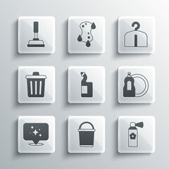 Set Bucket, Air freshener spray bottle, Dishwashing liquid, Home cleaning service, Trash can, Rubber plunger and Hanger wardrobe icon. Vector