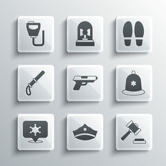 Set Police cap with cockade, Judge gavel, British police helmet, Pistol or gun, Hexagram sheriff, rubber baton, Walkie talkie and Footsteps icon. Vector