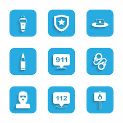 Set Telephone call 911, 112, Protest, Handcuffs, Thief mask, Bullet, Sheriff hat with badge and Flashlight icon. Vector