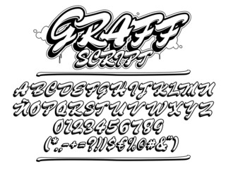 Graffiti script font. Uppercase  lettering typeface. Vector alphabet, numbers and glyphs.