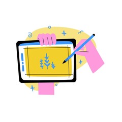 Cartoon human hands holds a tablet. Icon of a gesture of drawing on a tablet. Modern style. Vector