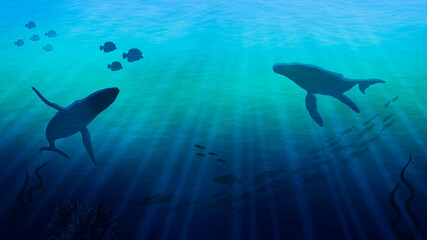 Underwater illustration with silhouettes of swimming whales and fish, seascape with endless emerald ocean and the sun's rays, deep water with waves, algae and corals on the bottom.