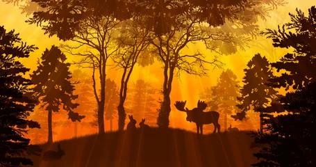 Zelfklevend Fotobehang Magical illustration of nature with silhouettes of animals and trees, mysterious dark forest with glowing orange sky and bright rays, fairy landscape with sunlight at dawn. © Lara_Coolart
