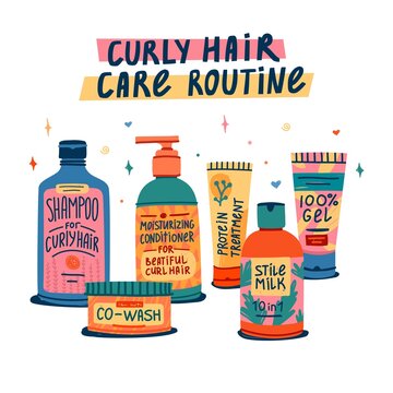 Illustration of cosmetics for curly hair routine. Curly girl method. Hair care bottle styling, cleansing, treatment for kinky hair. Doodle style. Vector