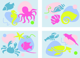 Creative vector abstract sea seamless pattern. Art. Seashells, octopus, fishesstar, fish, lobster. Horizontal design template print for giаt card, textile, poster, packaging, gifts