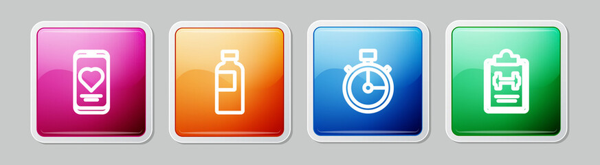 Set line Mobile with heart rate, Fitness shaker, Stopwatch and Sport training program. Colorful square button. Vector