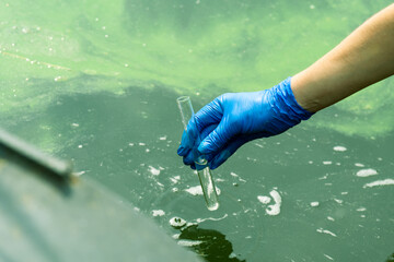 A gloved hand takes water into a test tube from a city reservoir. Urban waste water. Sampling from...