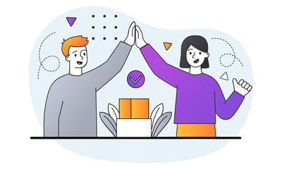 Project communication concept. Man and woman give high five above box and rejoice at completed project. Business topics. Cartoon doodle modern flat vector illustration isolated on a white background