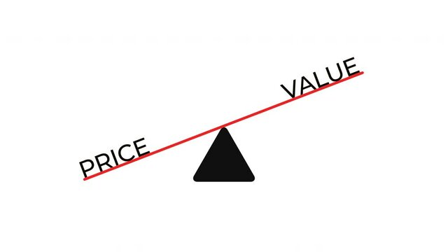 Balance Scales or Seesaw of Price and Value Animation Heavy on Benefit and Cost on White Background