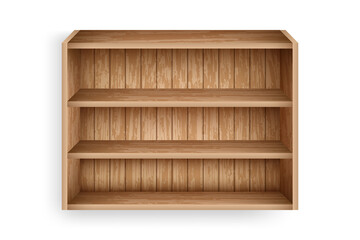 Blank bookshelf mockup template. Realistic wooden shelves for online store, library, school interior design. Empty bookshelf made of wooden boards.