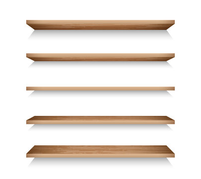 Realistic bookshelves for online store advertising. 3d textured wooden racks set. Grocery racks vector illustration