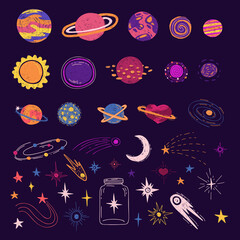 Set of cute cartoon planets, space bodies, stars. Print design with stars, planets, constellations and universes. Vector