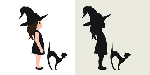 Halloween theme, little witch with cat, vector artwork