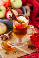 Homemade hot fruit tea with fresh apples, honey, spices: cinnamon, cardamon, anise, clove. Warm autumn drink, delicious healthy beverage. Mulled wine. Cozy fall home atmosphere. Wooden background